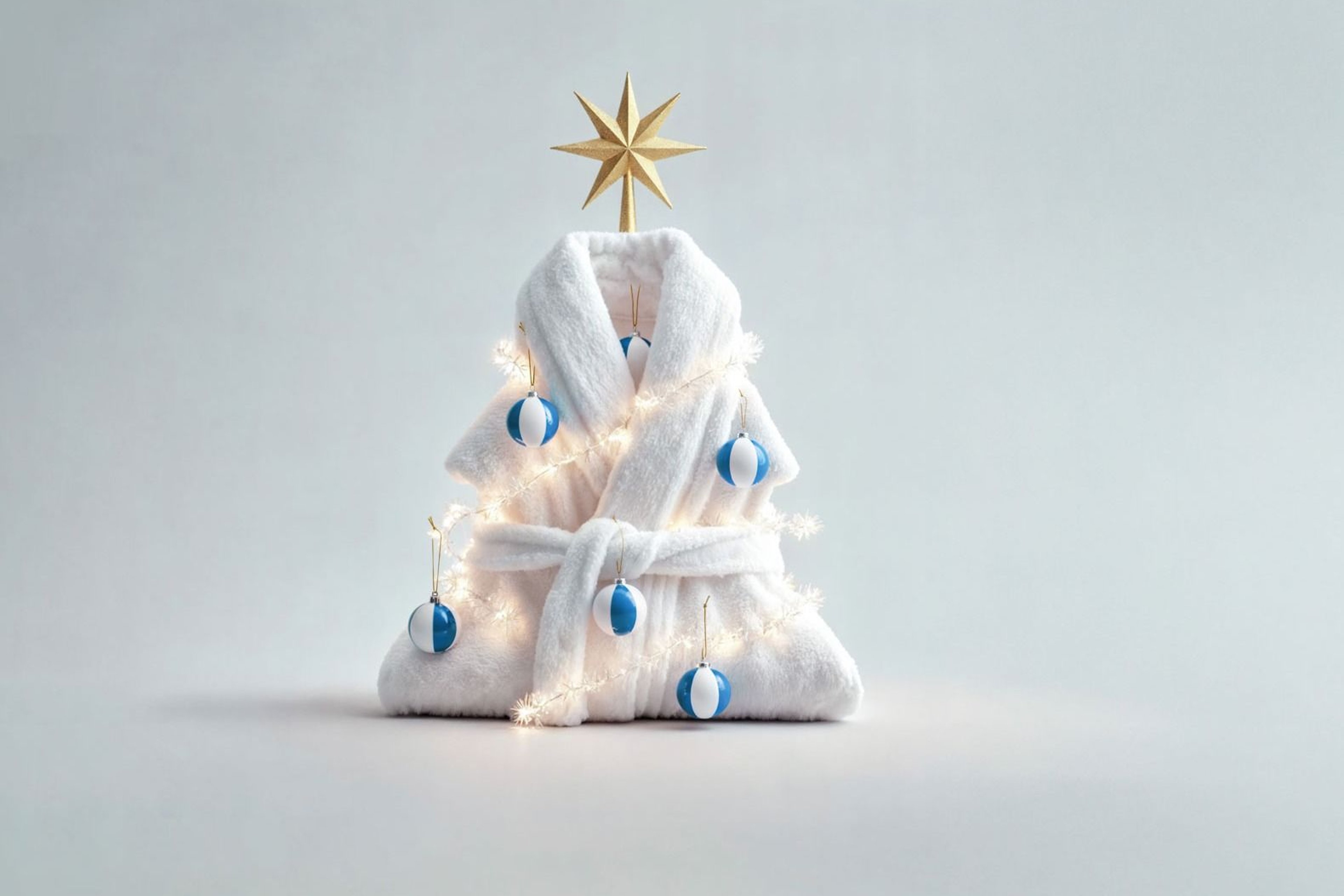 White, triangular Christmas tree made of fabric with blue baubles and a golden star on lace against a light background
