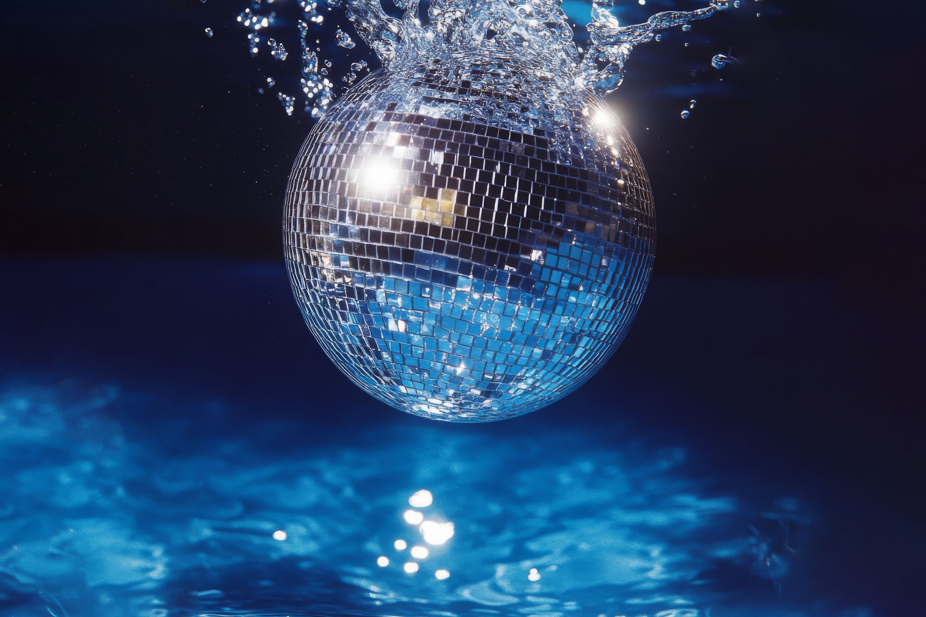 Disco ball submerging into water creating dynamic water droplets and splashes