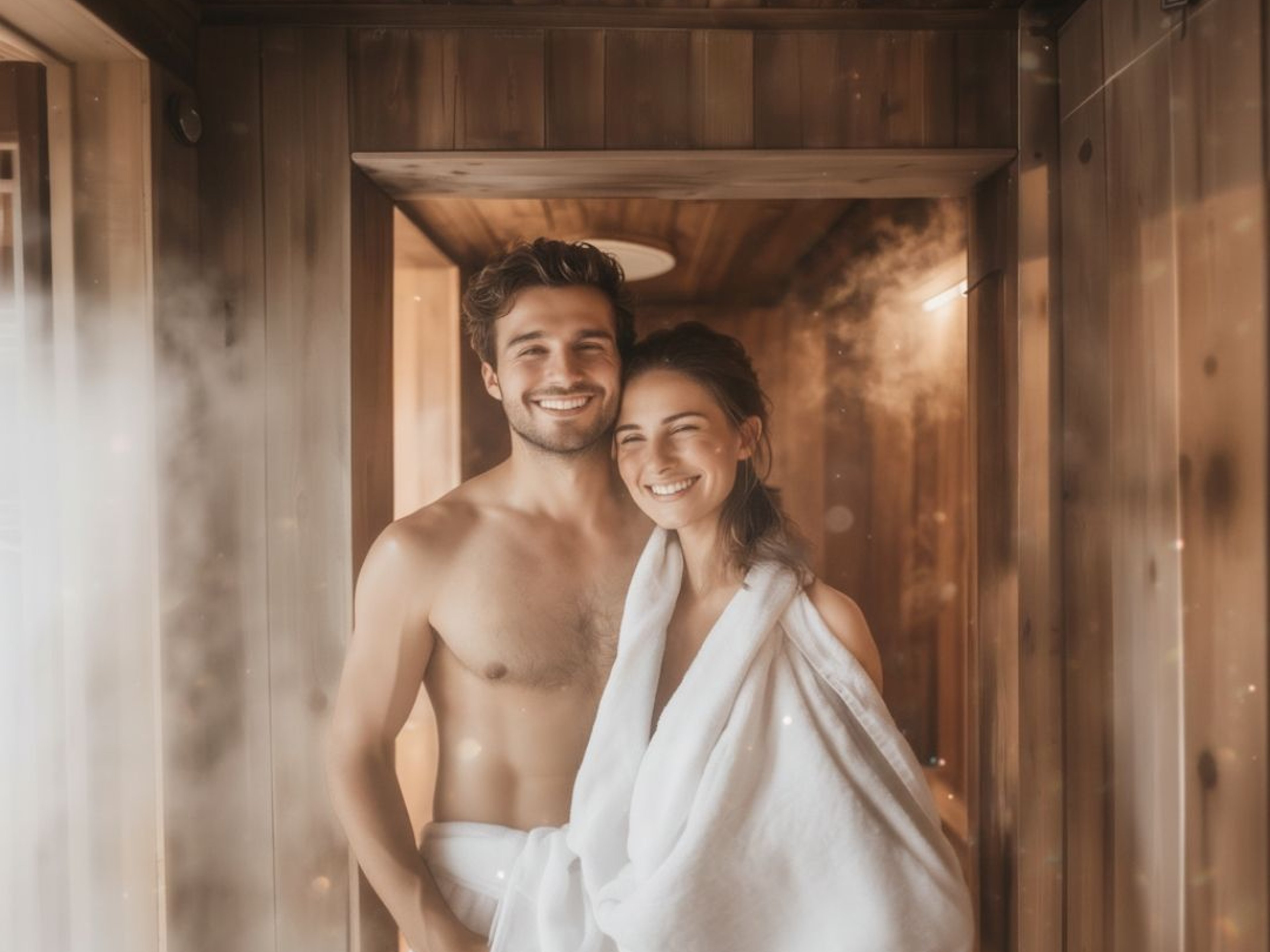 Couple in the sauna for the sauna festival.