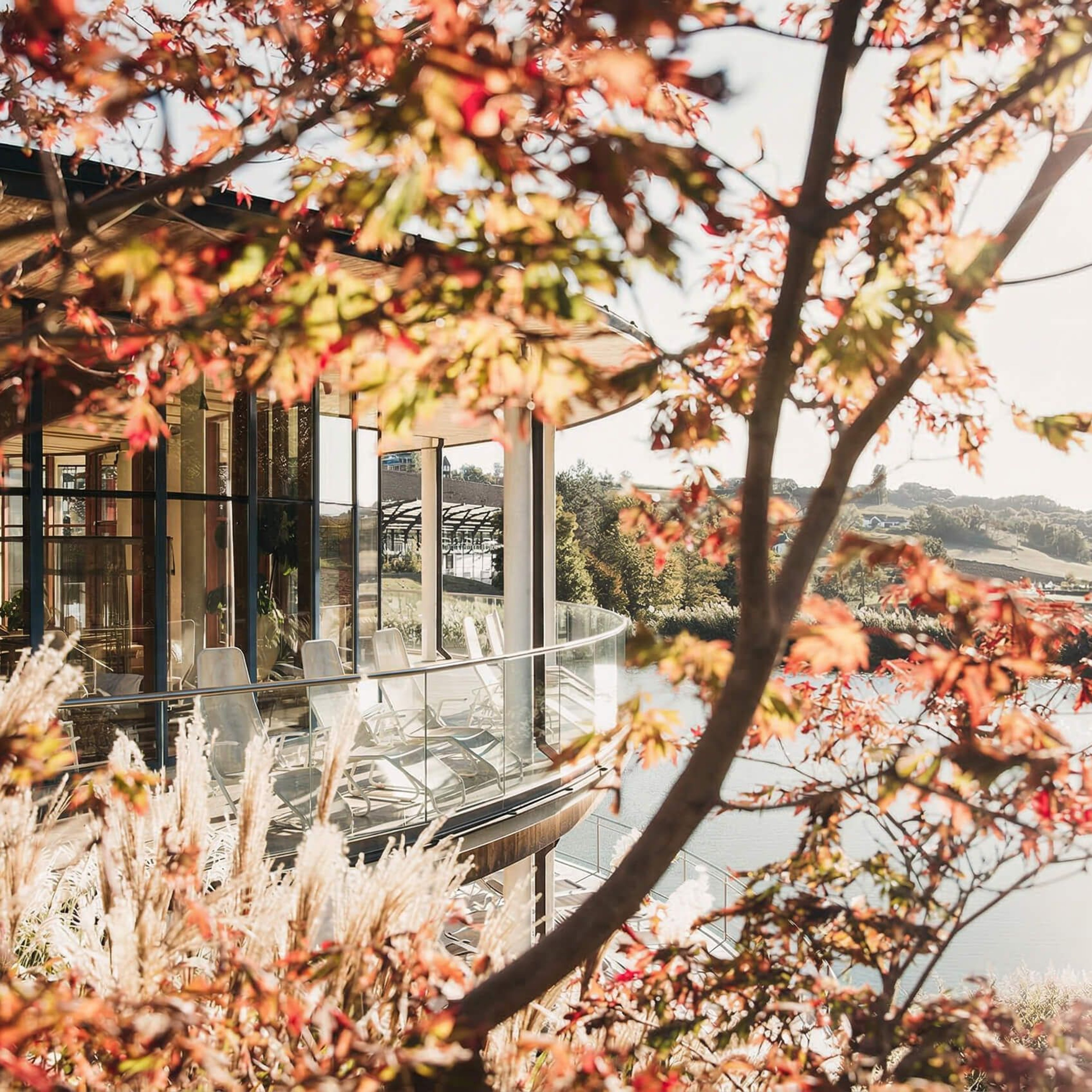 Modern pavilion with glass fronts in an autumn landscape with a lake and rolling hills