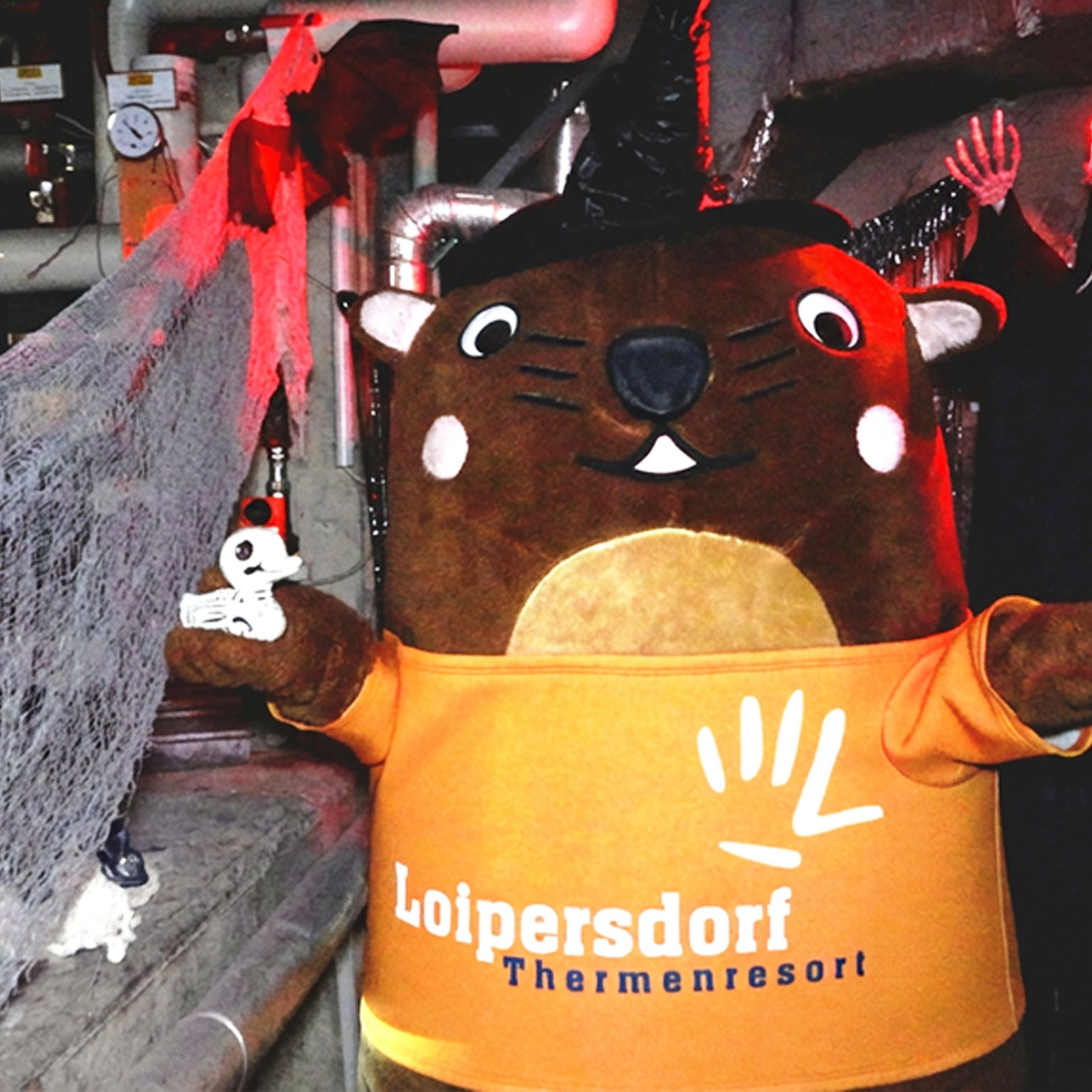 Large otter mascot wearing an orange T-shirt with the words 'Loipersdorf Thermenresort' in a room decorated for Halloween with cobwebs and a skeleton.