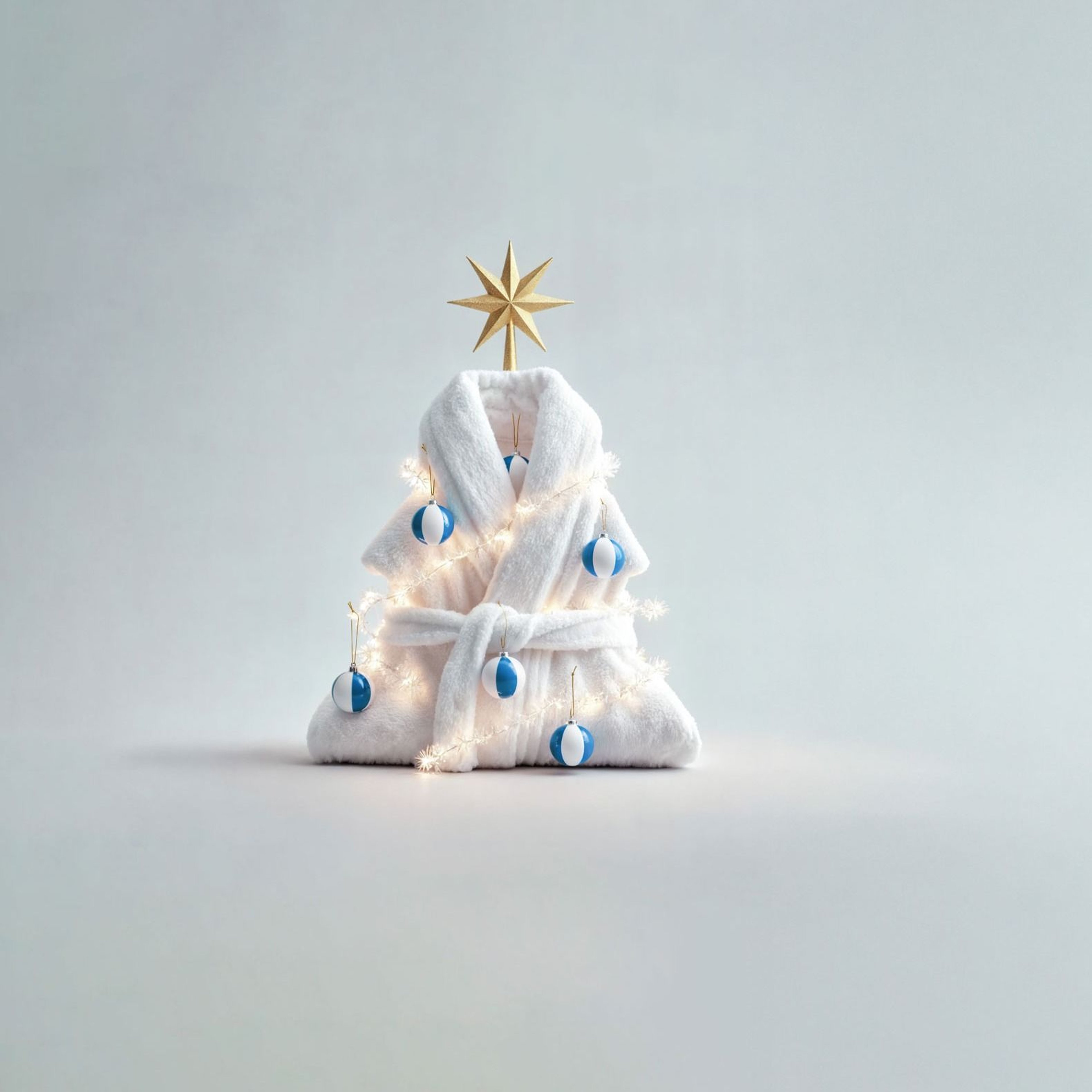 Weißer, dreieckiger Weihnachtsbaum aus Stoff mit blauen Kugeln und goldenem Stern auf Spitze vor hellem Hintergrund