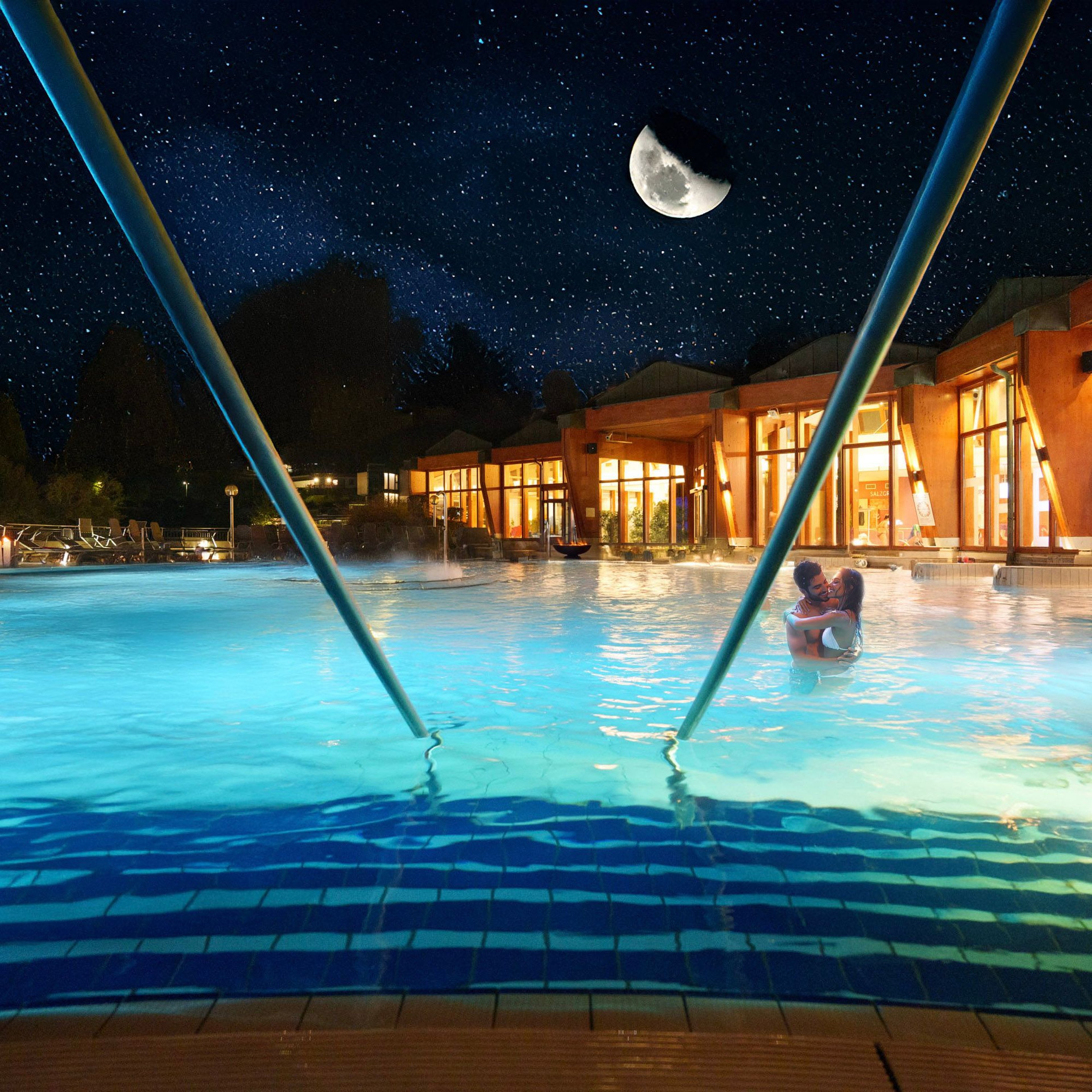 Thermal pools for moonlight swimming at night.