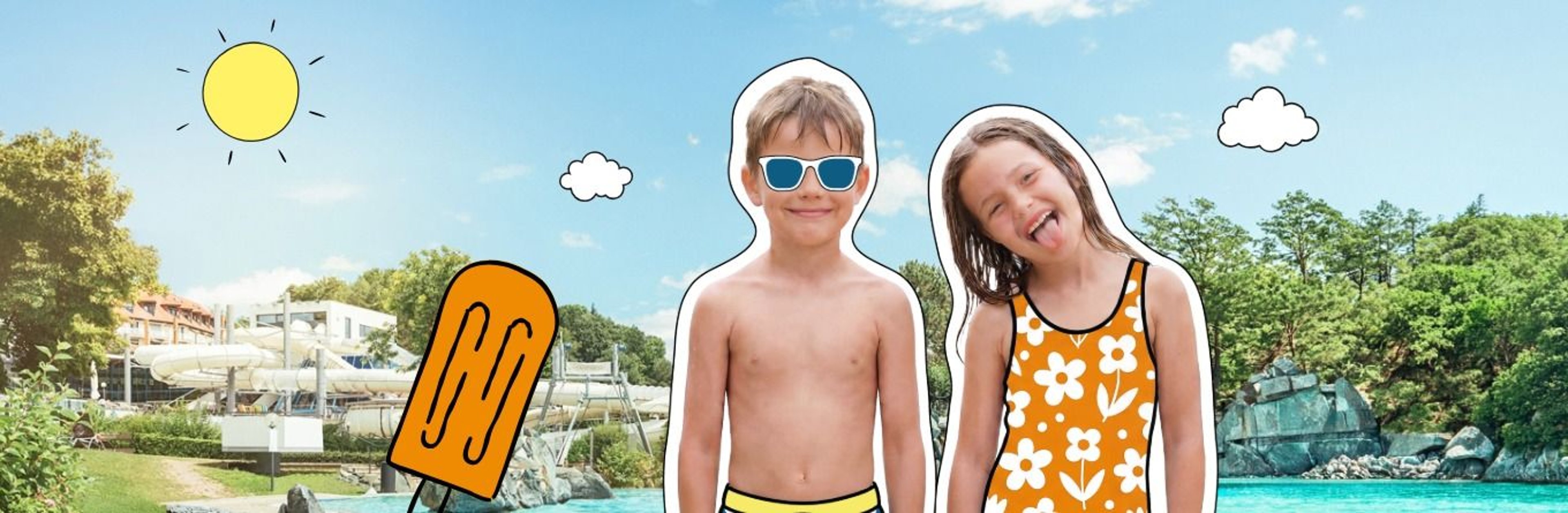 Zwei Kinder in Badebekleidung im Freibereich der Therme Loipersdorf, die ins Wasser springen