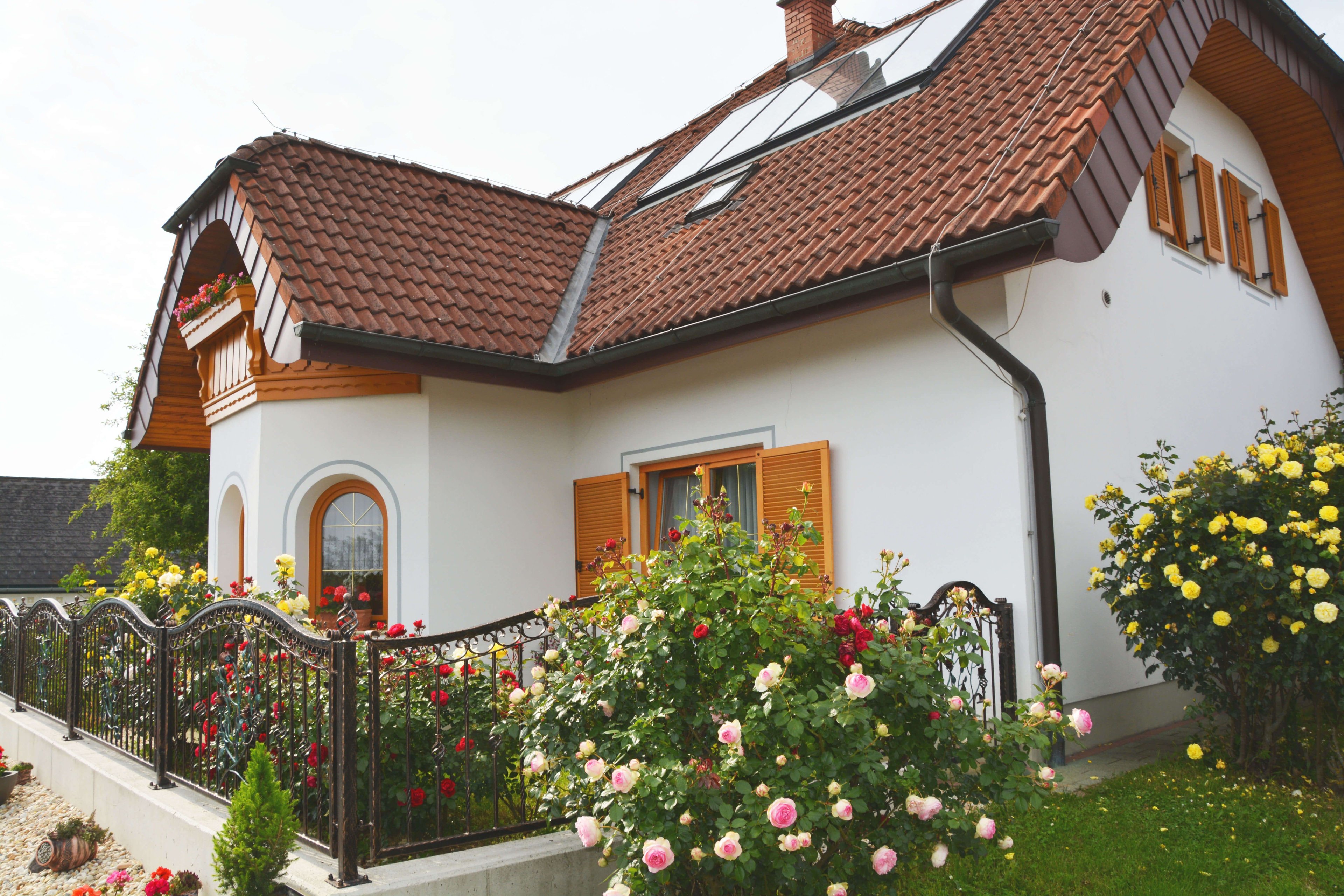 The guesthouse from the outside with roses in front of it.