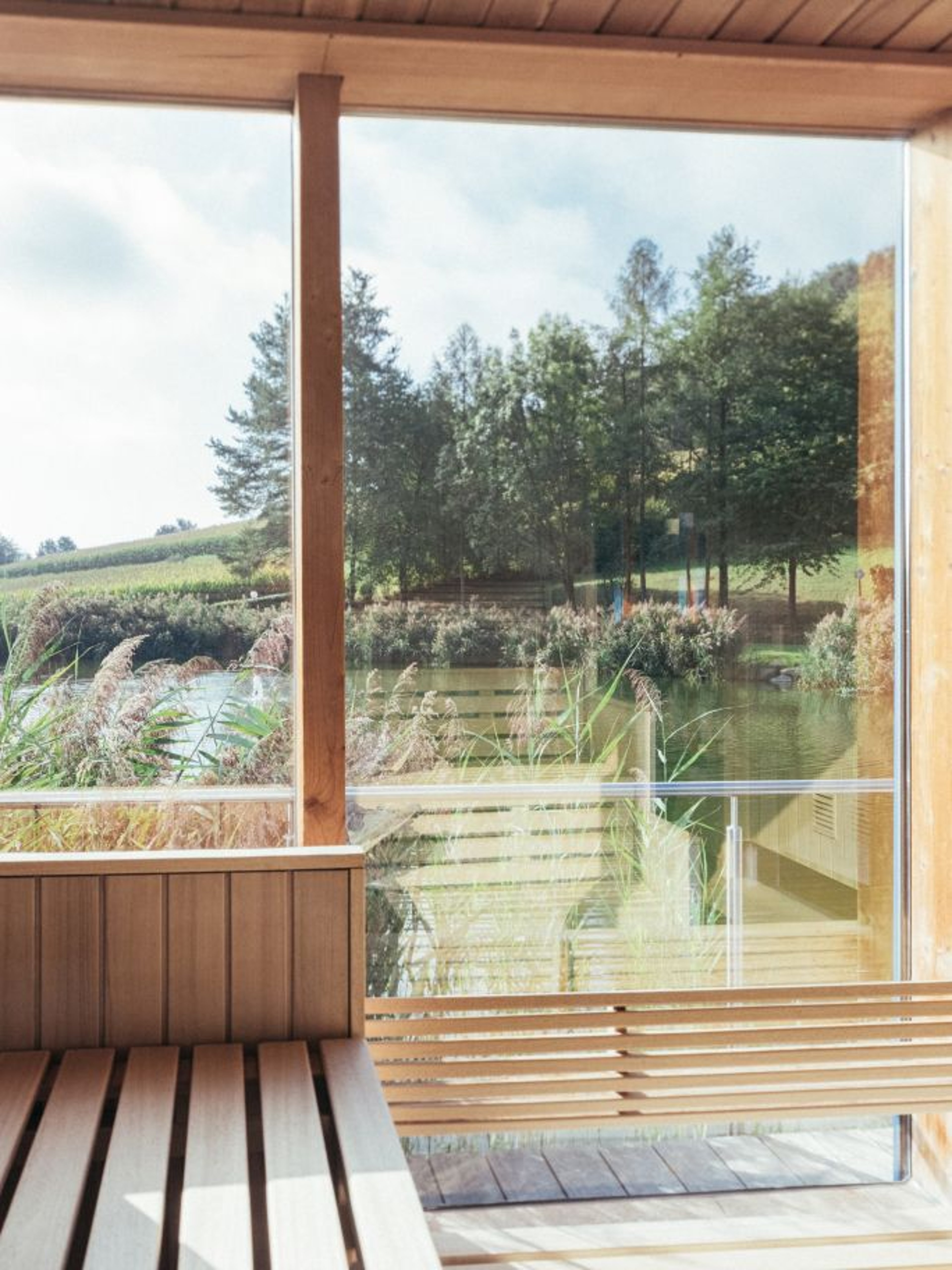 You can see the natural pond through the windows of the herbal sauna.