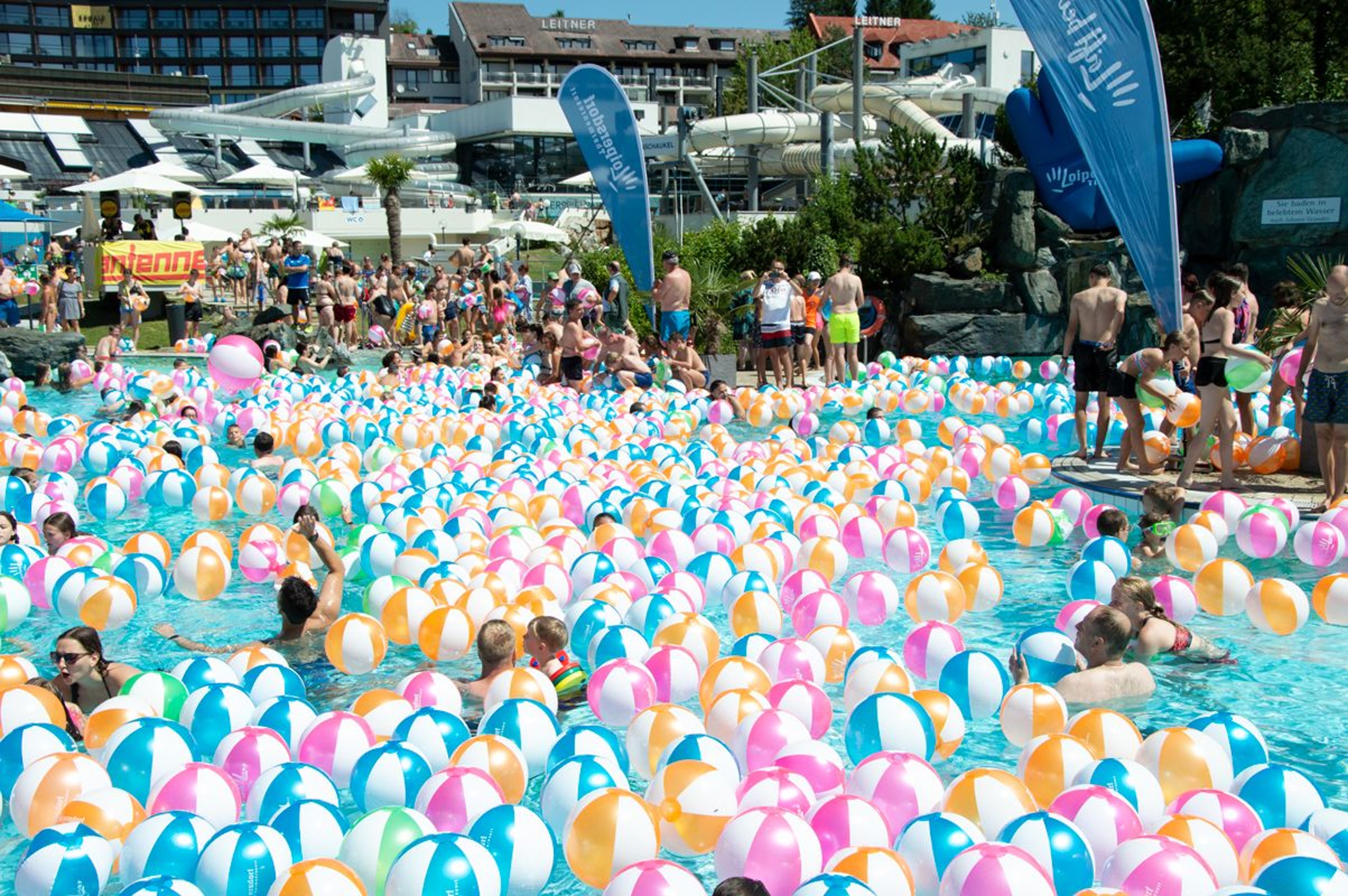 Lots of colorful beach balls floating in Acapulco