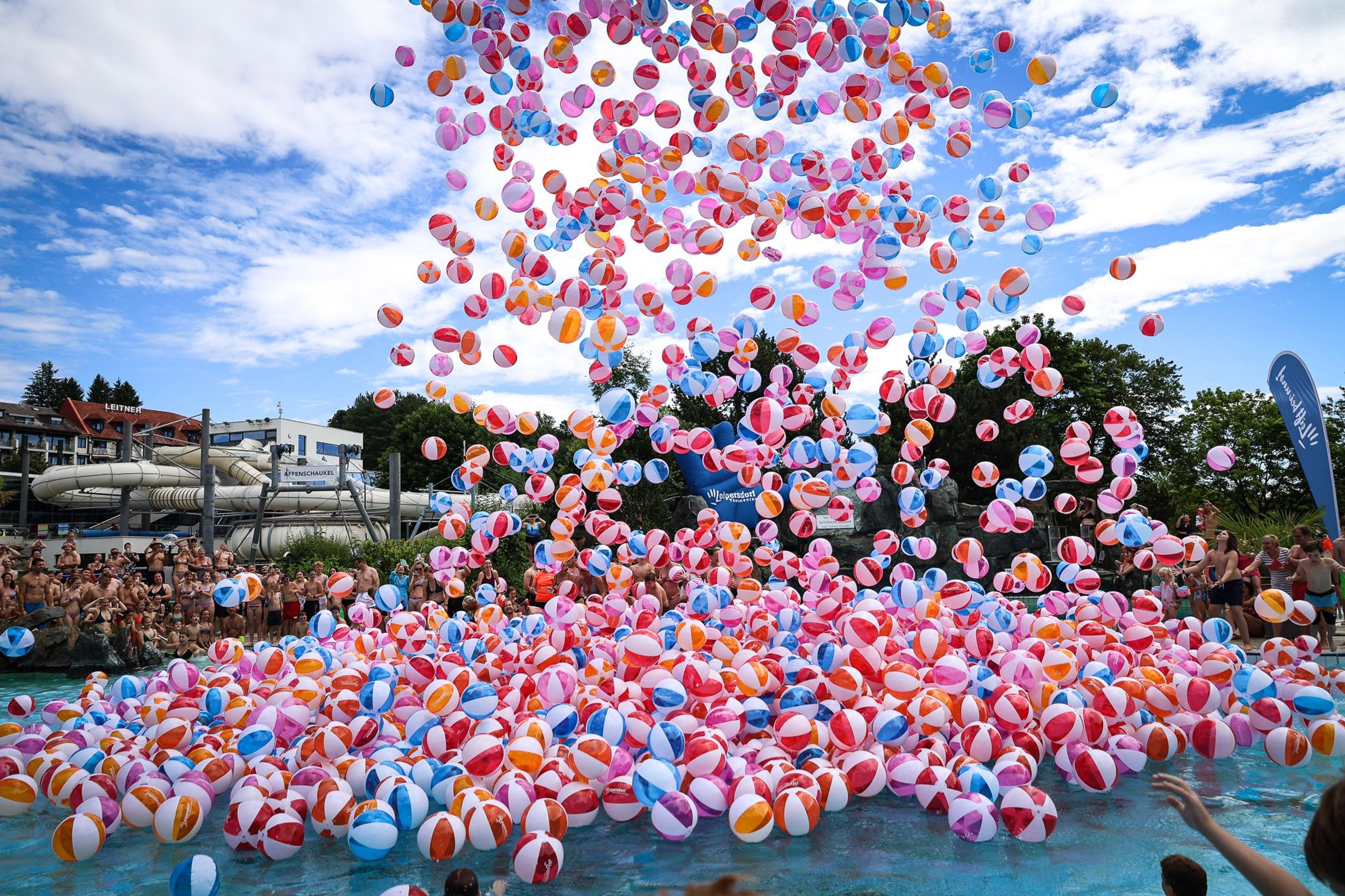 Countless beach balls in the Acapulco pool