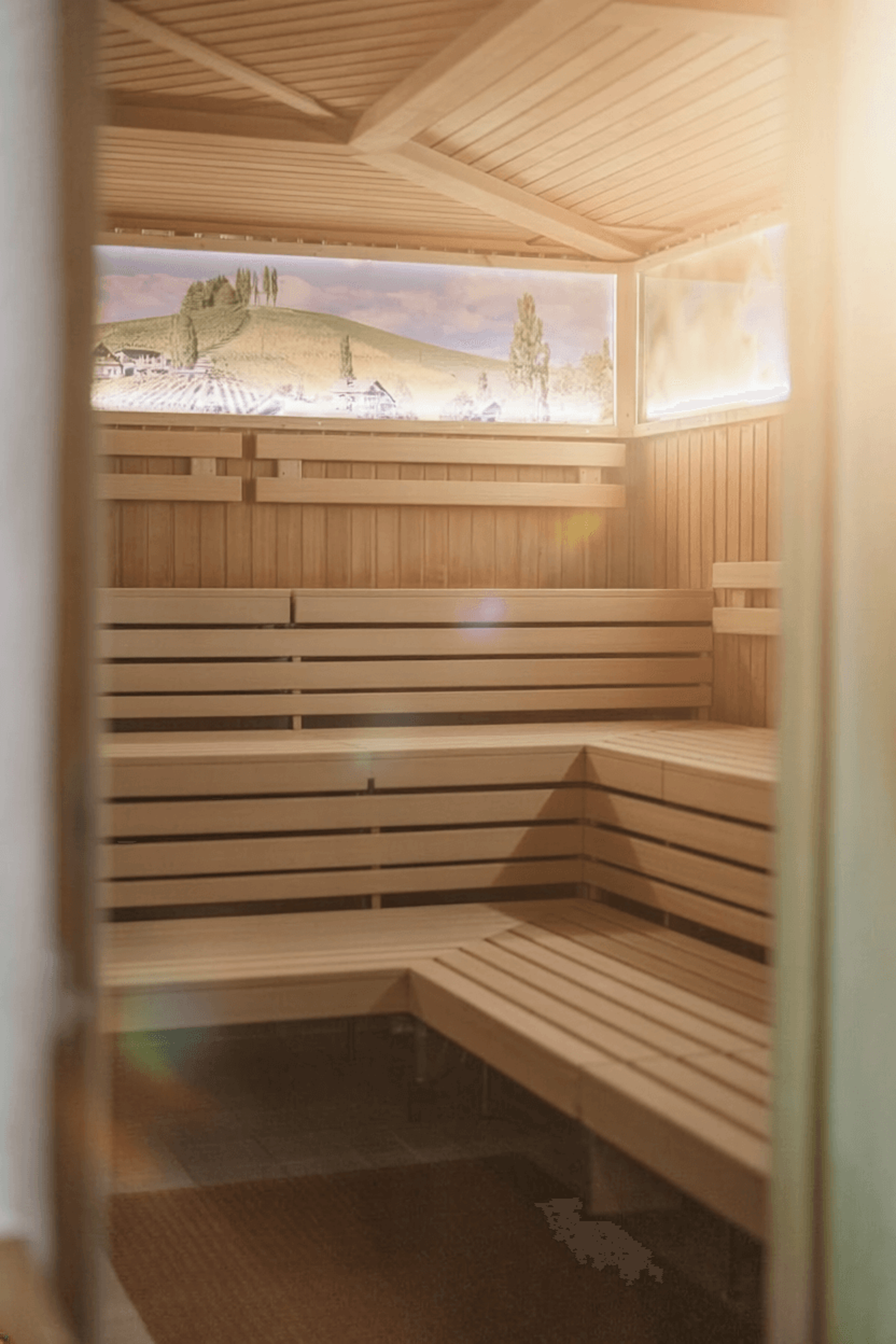 Interior of a sauna with wooden benches and a window featuring a landscape motif