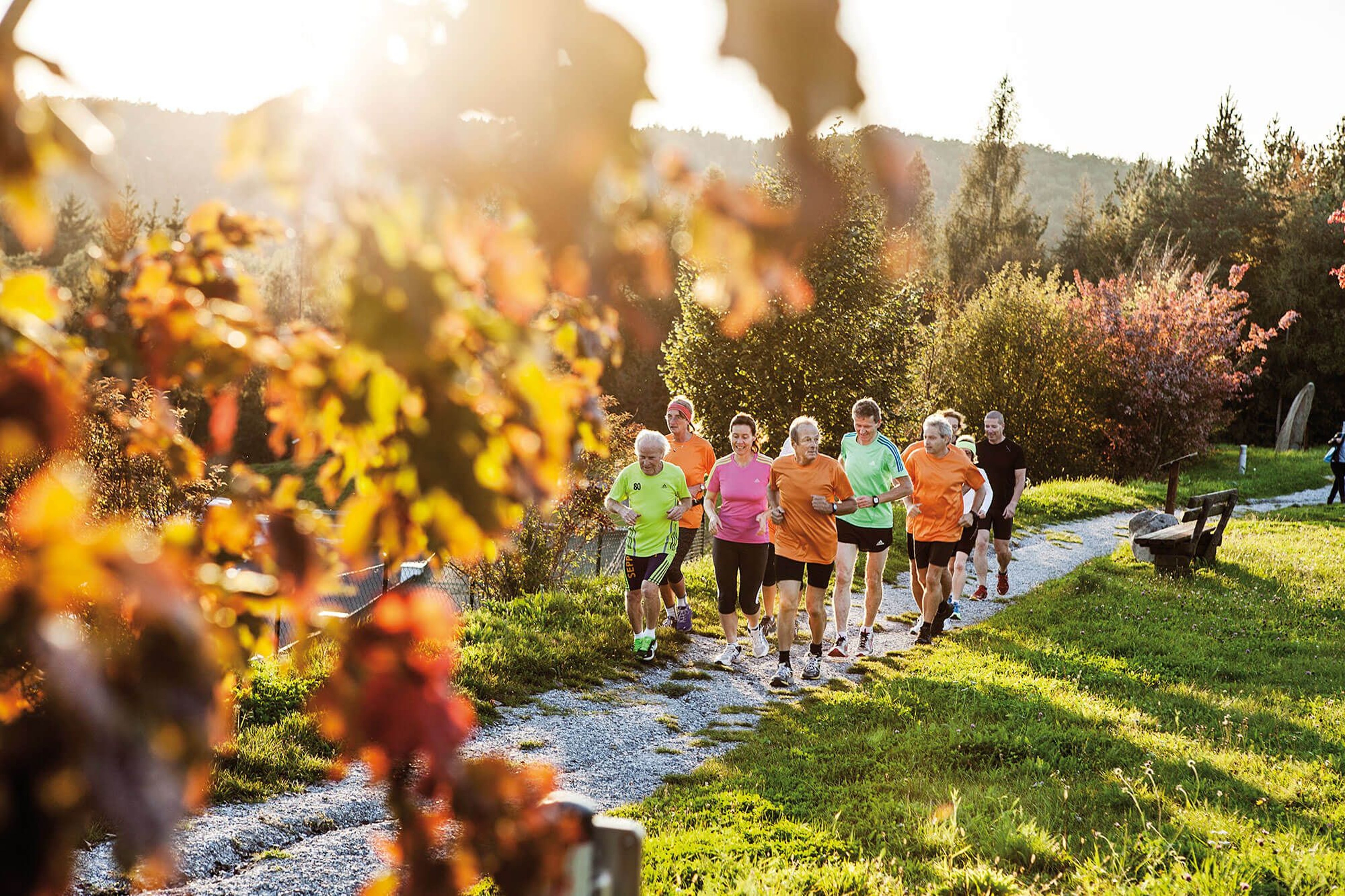 Die Läufergruppe startet am Krafthügel ihre Runde.