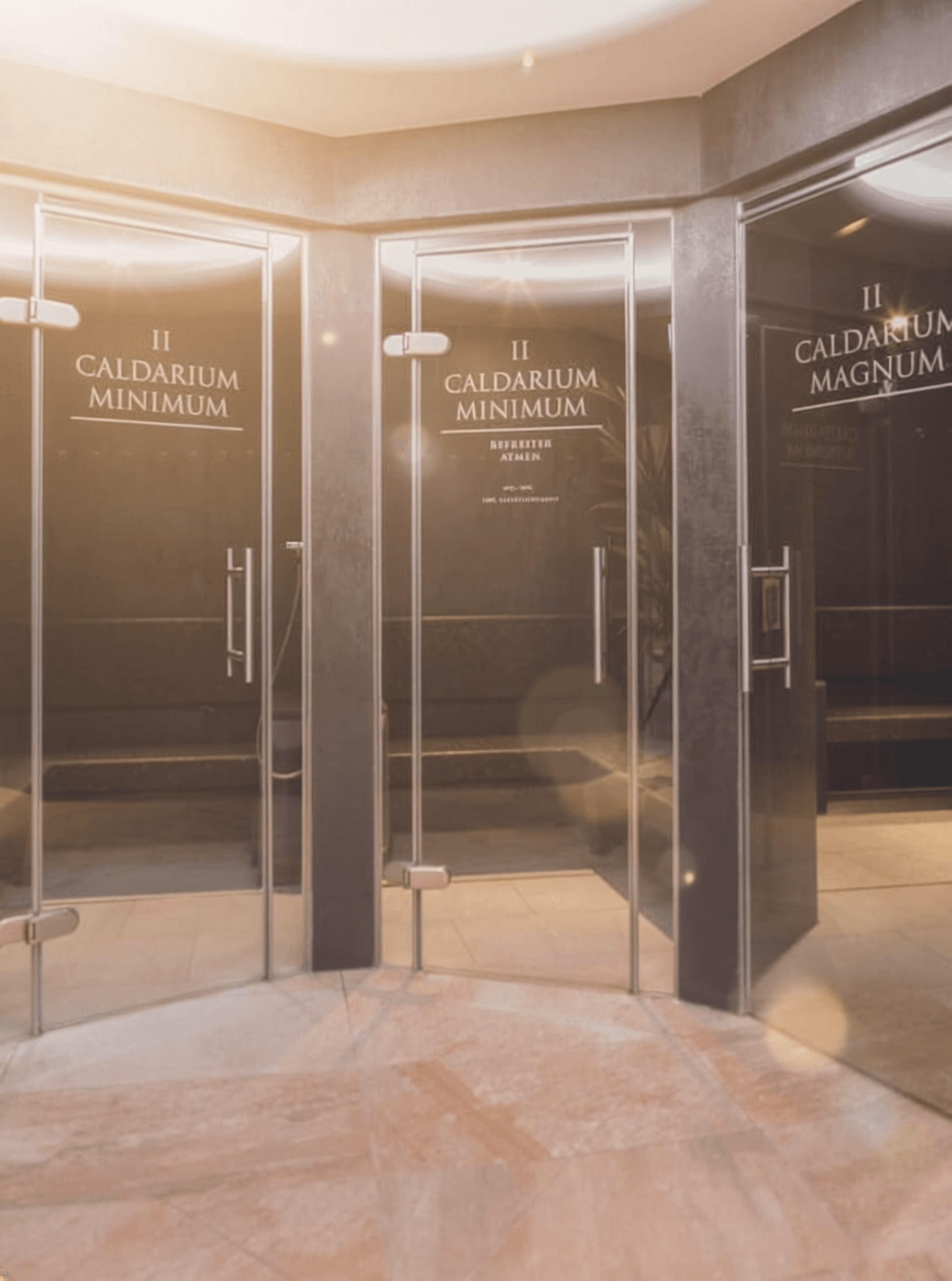 Three glass doors with signage for caldarium areas in a spa or wellness retreat