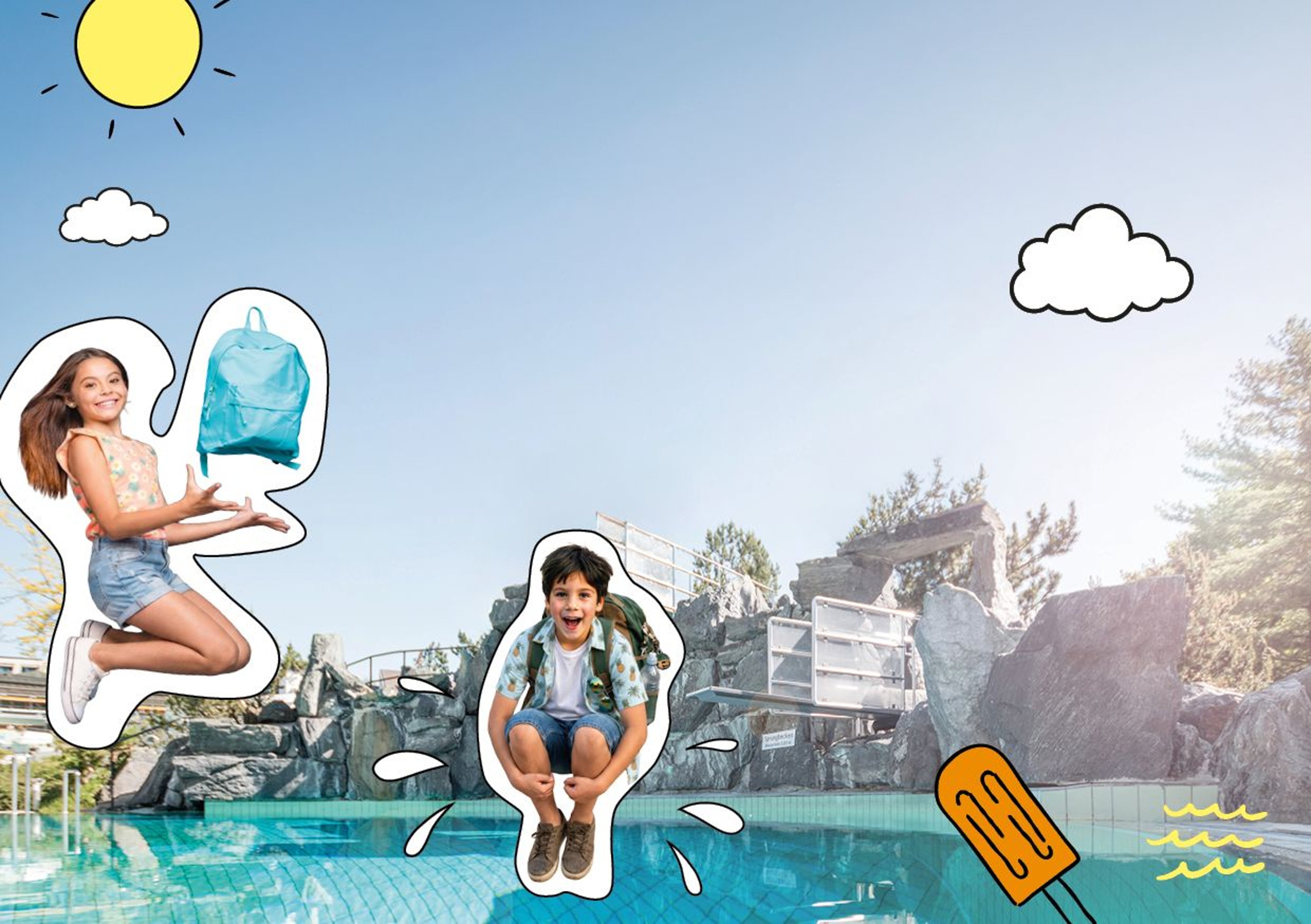 Zwei Kinder mit weißen Umrissen springen an einem Schwimmbecken, im Hintergrund Felsen und Bäume, darüber gezeichnete Sonne, Wolken, ein Rucksack und ein Eis am Stiel