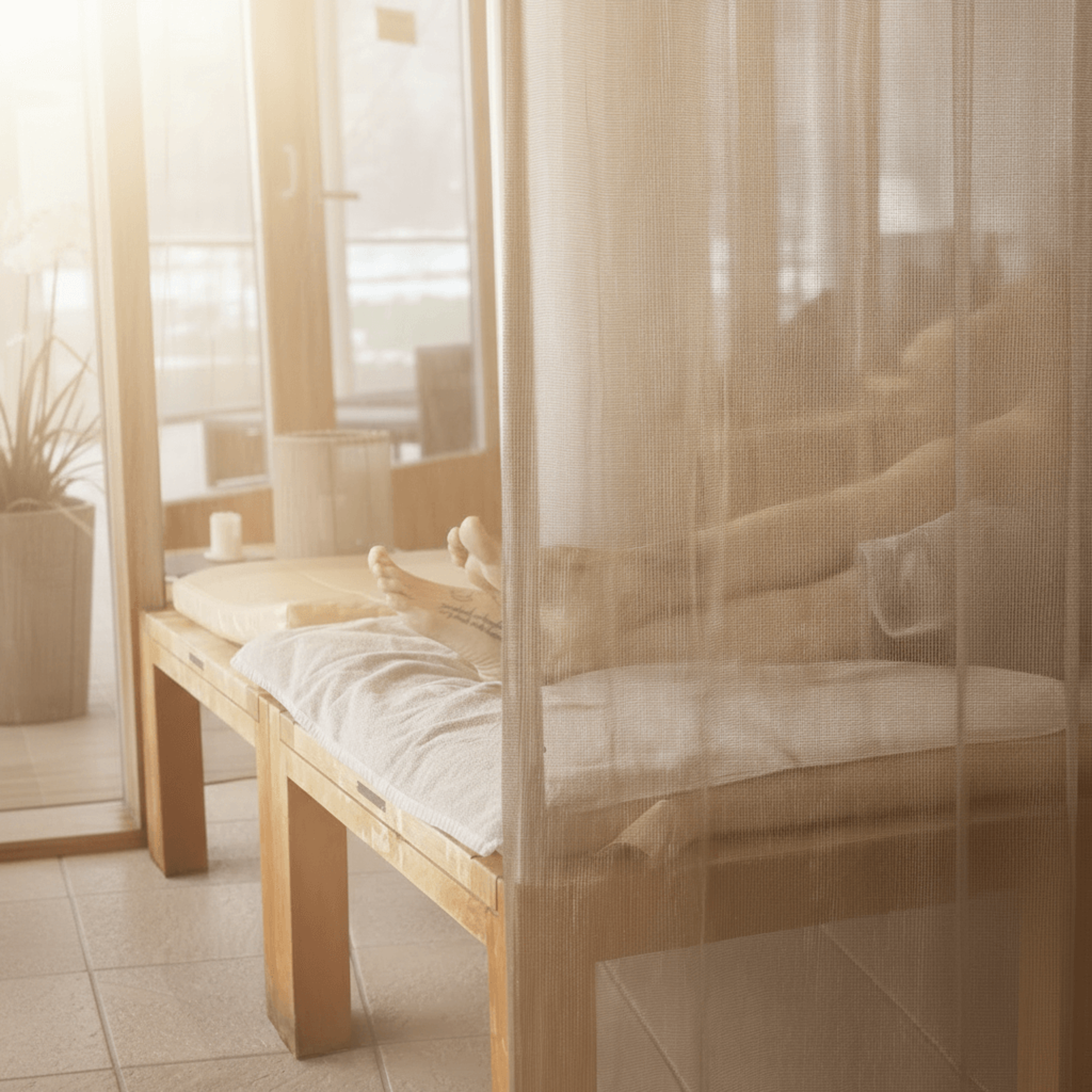 Holzliege mit weißer Auflage hinter einem halbtransparenten Vorhang in einem hellen Raum mit Fenster und Pflanze