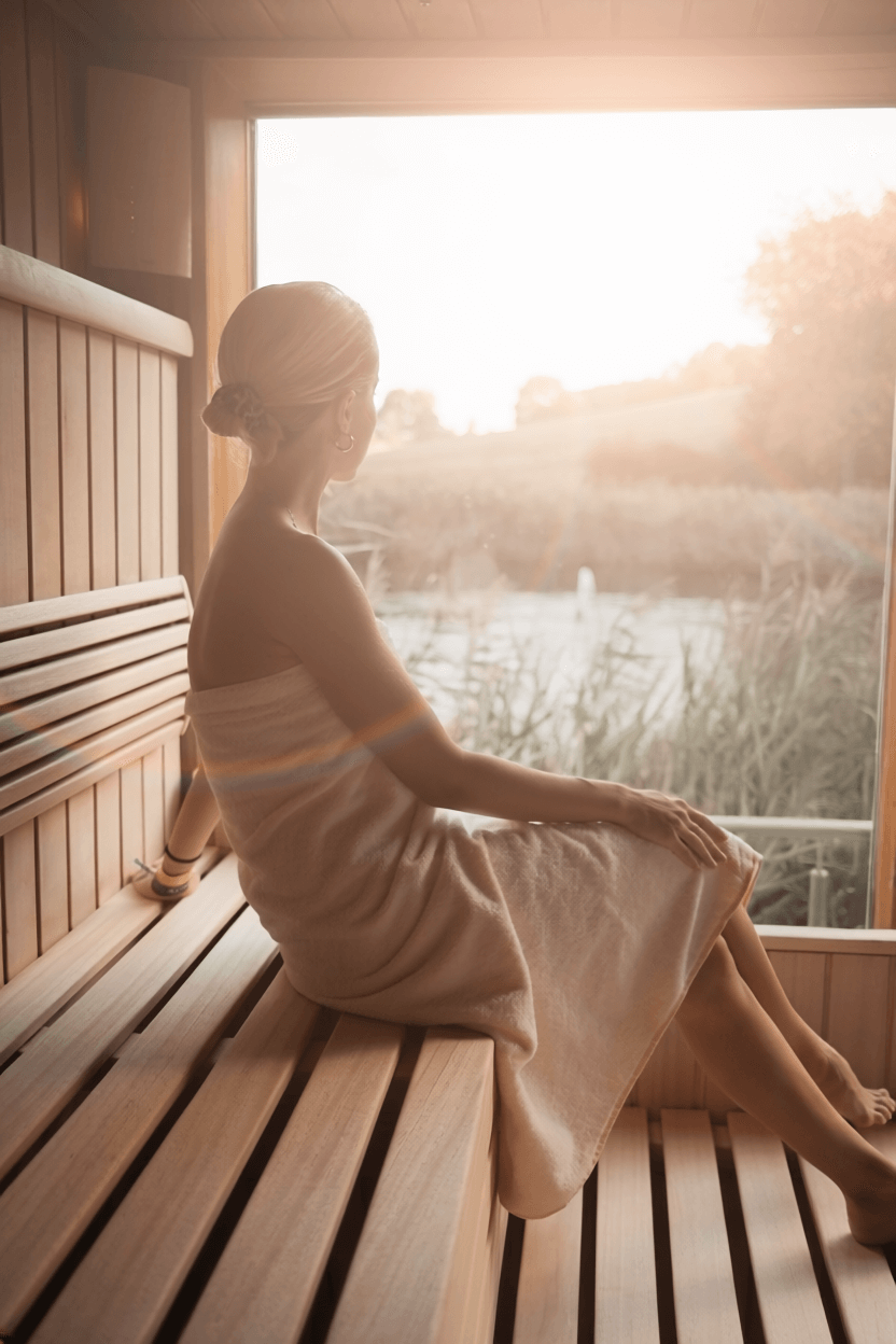 eine Frau sitzt in der Kräutersauna und blickt nach draußen.