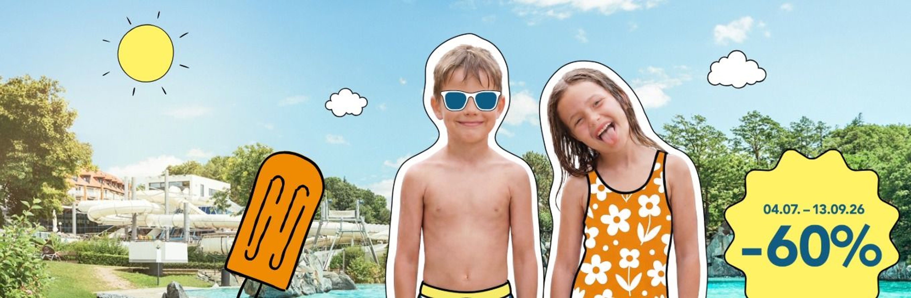 Two children in swimwear standing in front of a water park with slides and trees, next to a graphic of a popsicle and a yellow star showing '-60%'