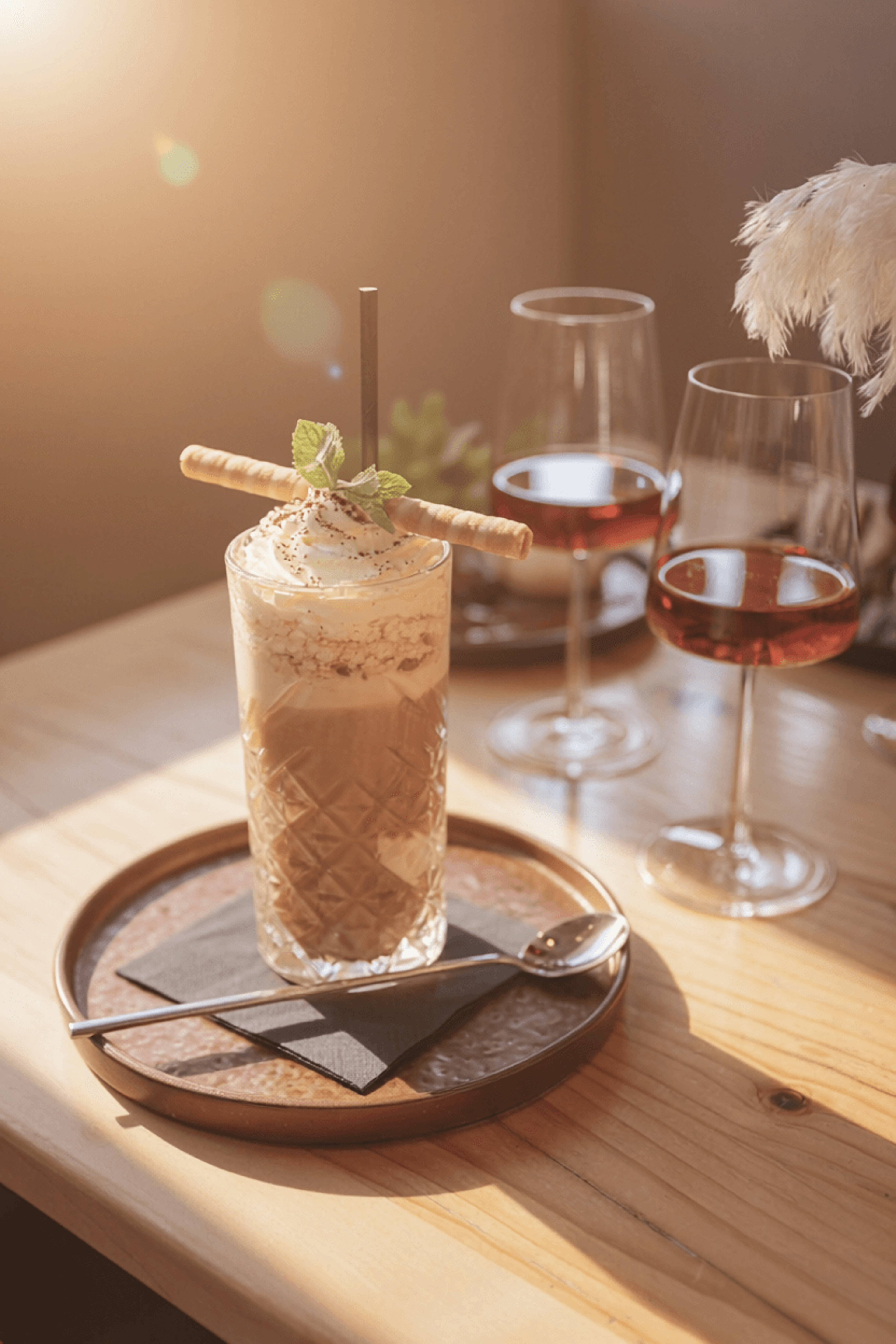 Glass of iced coffee, garnished with a wafer roll and mint leaf, on a round tray with spoon and napkin, with two wine glasses filled with a rosé-colored drink in the background