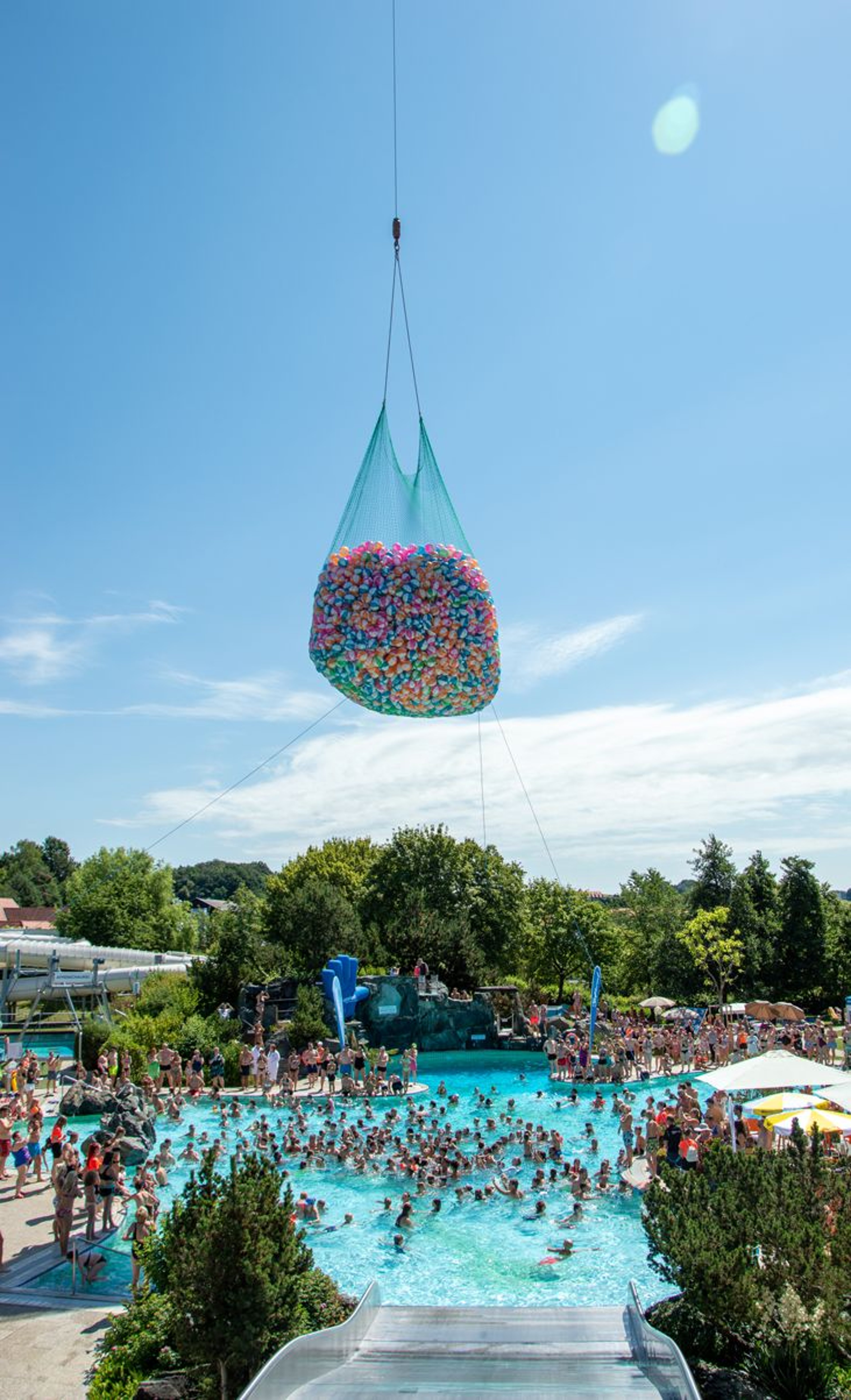 A net full of beach balls over the Acapulco