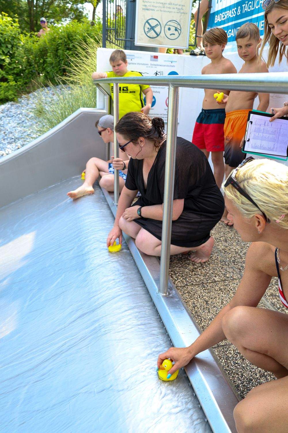 Ducks are let down the wave slide