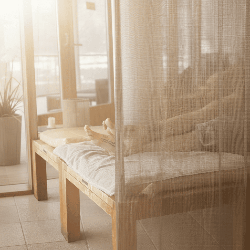 Holzliege mit weißer Auflage hinter einem halbtransparenten Vorhang in einem hellen Raum mit Fenster und Pflanze