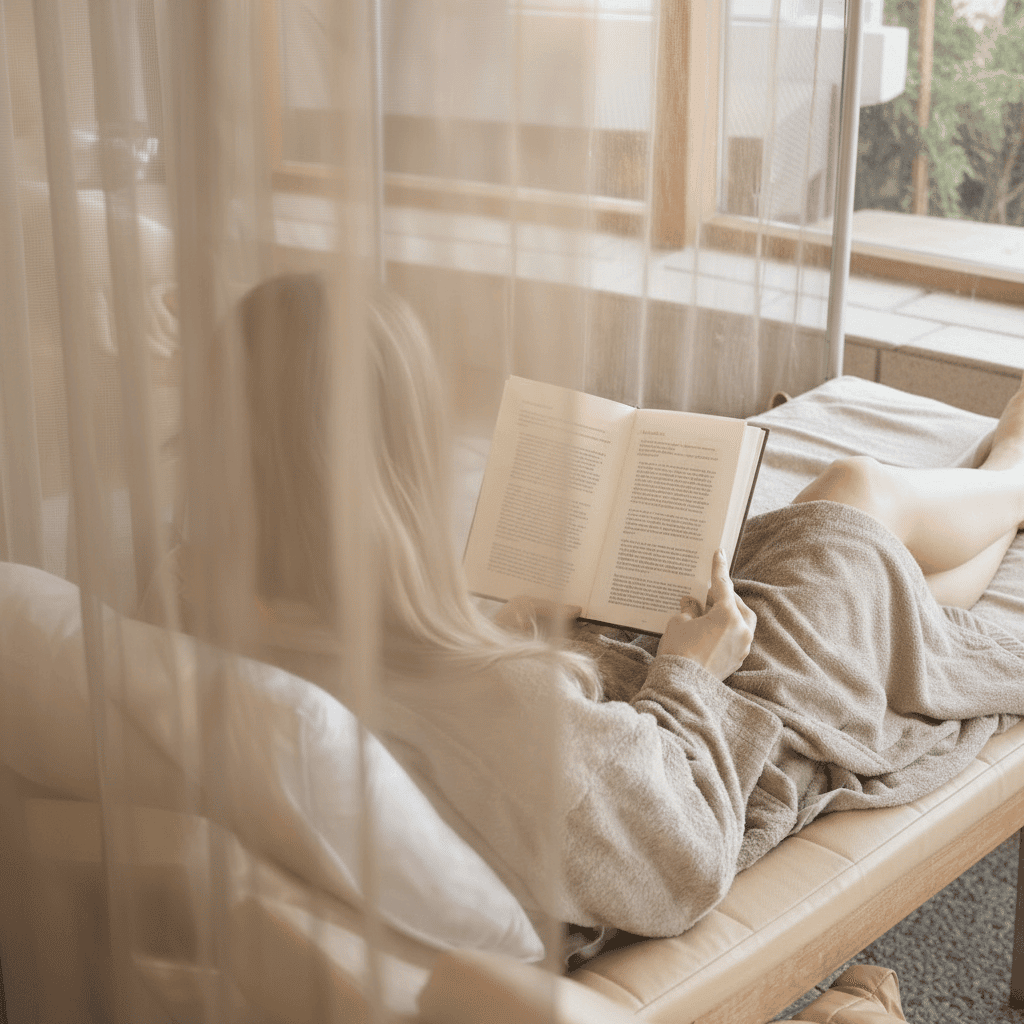 Person liegt auf einer Liege und liest ein Buch hinter einem halbtransparenten Vorhang.