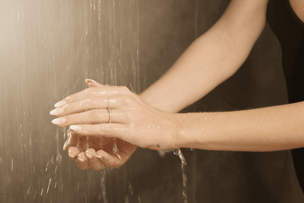 Hands touching rainwater