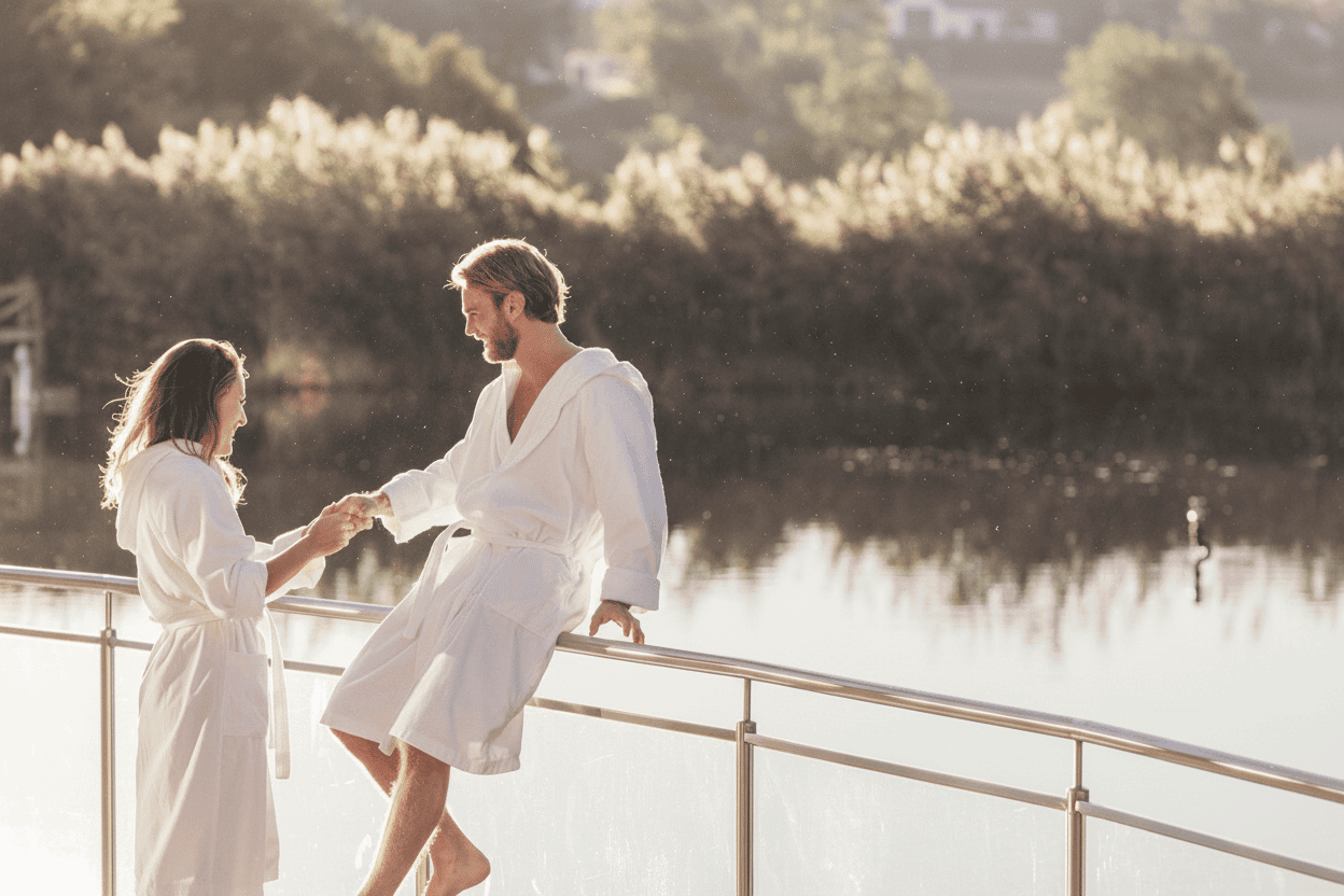 Paar in weißen Bademänteln steht und sitzt an einem Geländer am Wasser mit bewaldetem Hintergrund