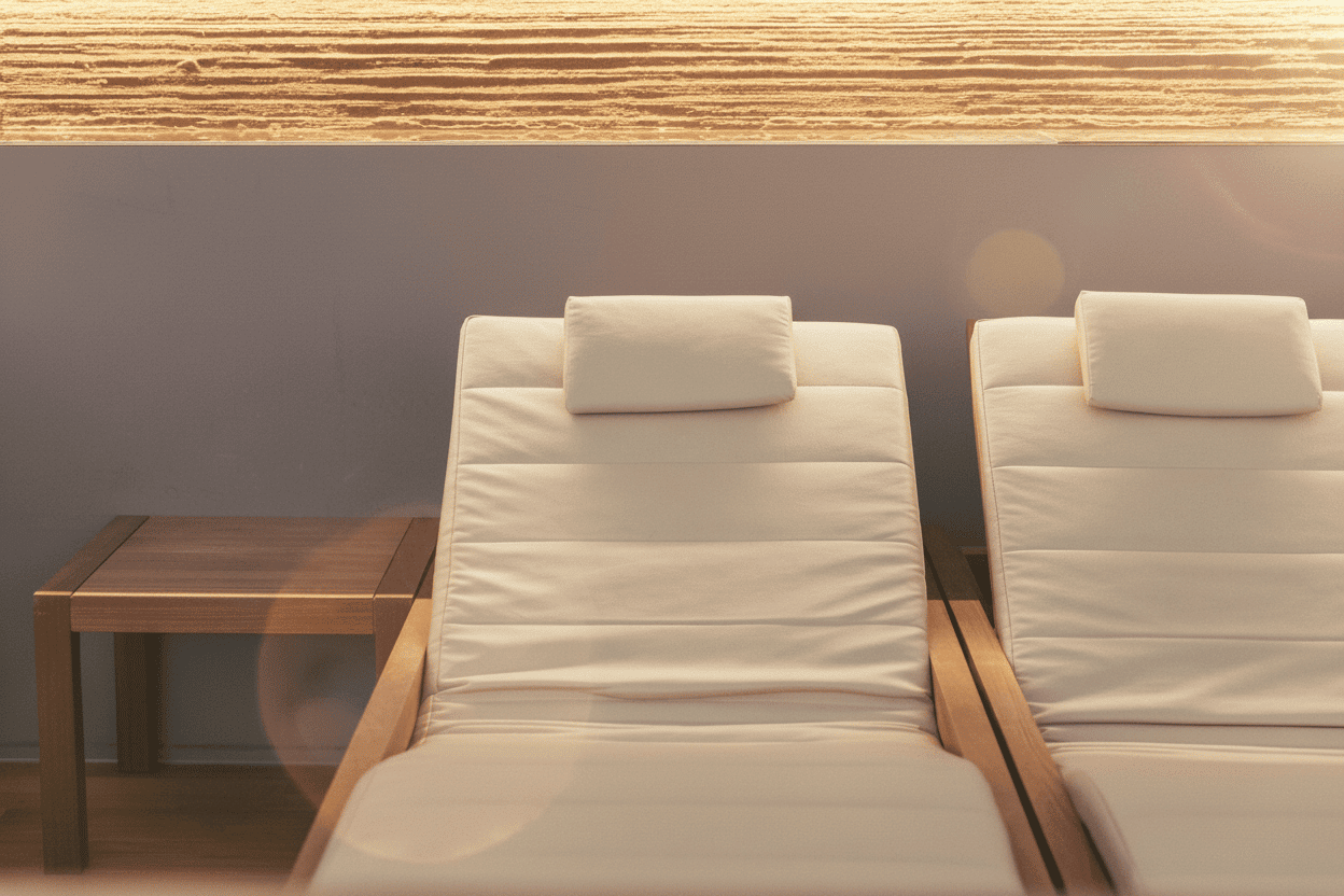 Zwei gepolsterte Liegen mit Kopfstützen neben einem kleinen Holztisch vor einer grauen Wand