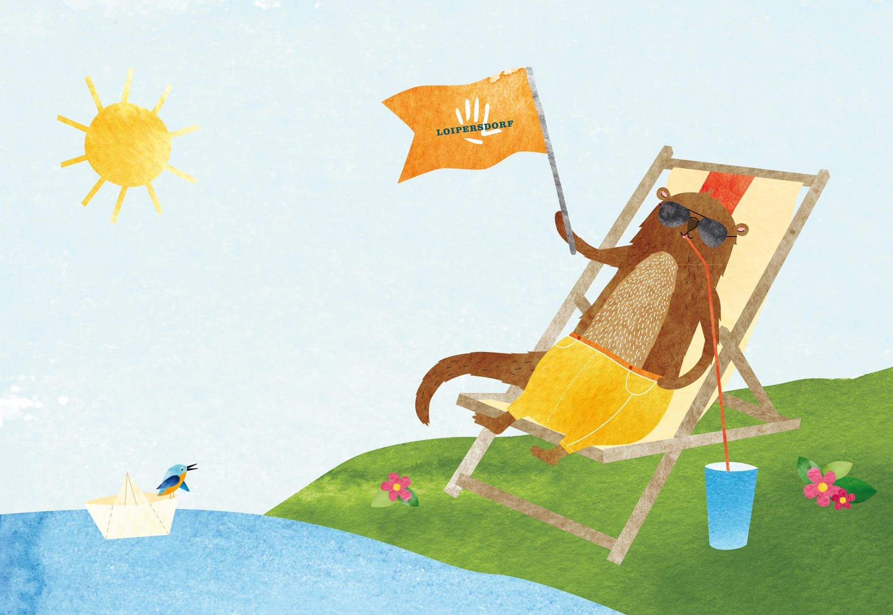 Otto chilling by the water and enjoying the sun with a cool drink