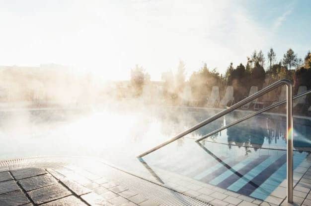 Steam from the warm outdoor thermal pools
