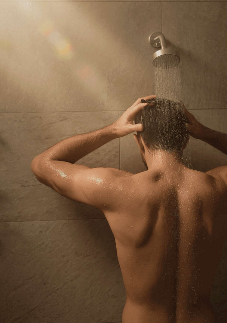 Ein Mann duscht sich ab.