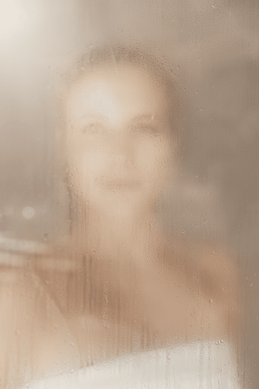 Verschwommene Silhouette einer Person hinter beschlagener Glasfläche mit Wassertropfen