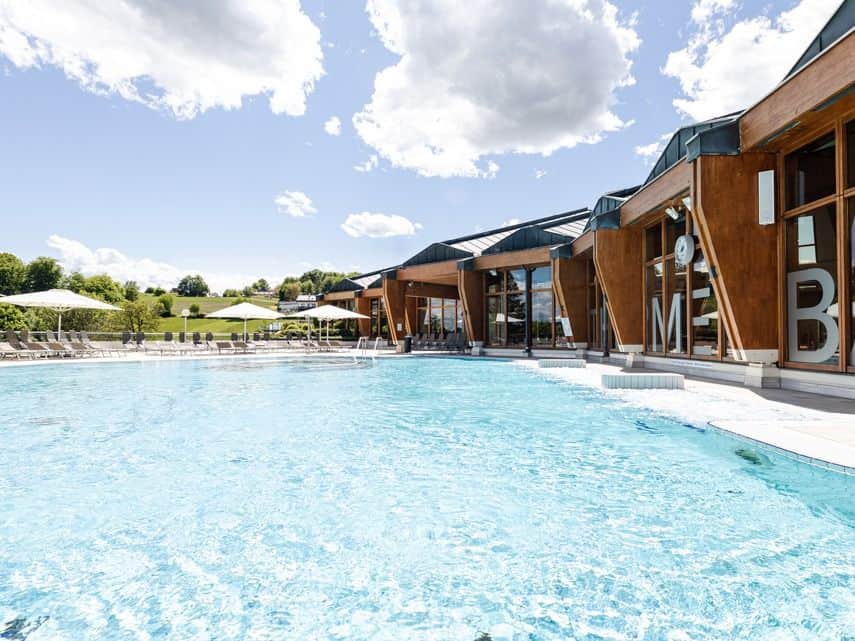 The Thermenbad outdoor pool in the sunshine.