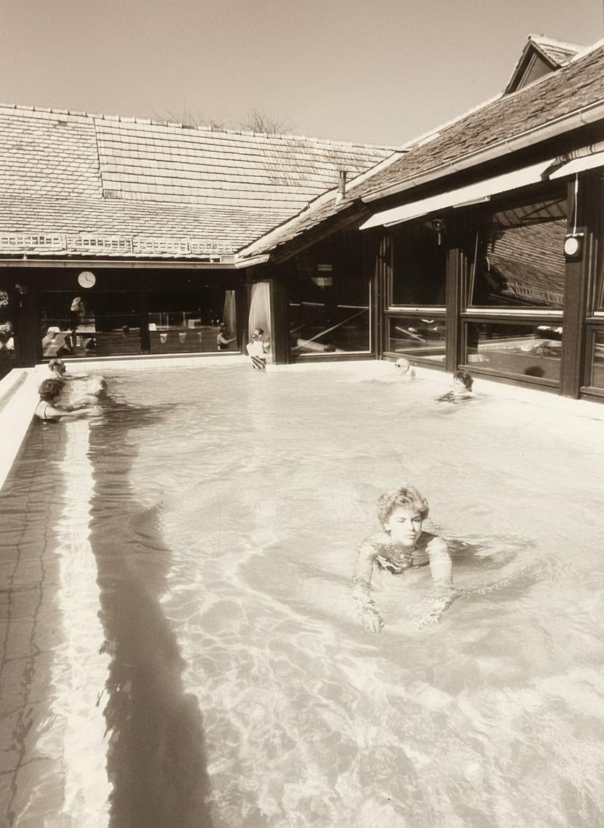 Menschen im Schwimmbecken des Schaffelbades mit sichtbarem Dach und großen Fenstern